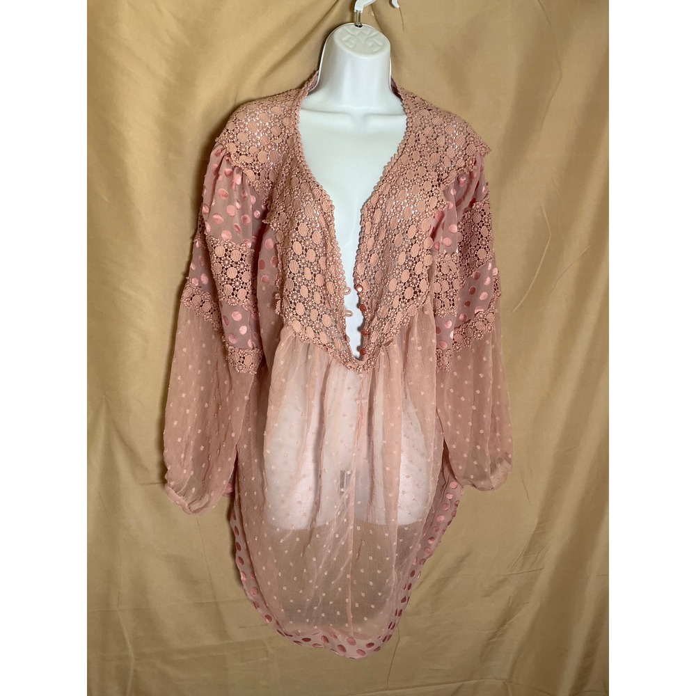 Denim 24/7‎ Peasant Blouse Womens 24W Pink Excellent Crochet Lace Swiss Dot Boho